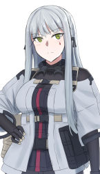 Rule 34 | 1girl, absurdres, baggy pants, blush, bodysuit, braid, braided bangs, breasts, cyka, frown, girls&#039; frontline, green eyes, hand on own hip, highres, hk416 (girls&#039; frontline), long hair, looking at viewer, medium breasts, military, military uniform, mole, mole under eye, pants, rpk-16 (girls&#039; frontline), side braid, silver hair, solo, uniform, white background