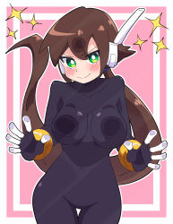 Rule 34 | 1girl, absurdres, against glass, aile (mega man zx), black bodysuit, blush, bodysuit, breasts, brown hair, buzzlyears, green eyes, highres, large breasts, long hair, looking at viewer, mega man (series), mega man zx, mega man zx advent, navel, pink background, ponytail, robot ears, simple background, solo