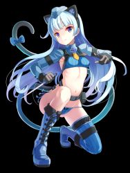 Rule 34 | 1girl, animal ears, armpits, asymmetrical legwear, black gloves, black hairband, blue bow, blue eyes, blue footwear, blue hair, blue headwear, blue panties, blue thighhighs, boots, bow, breasts, cat ears, cat tail, character request, crop top, fake animal ears, floating hair, full body, gloves, gluteal fold, hairband, hat, highres, holding, holding knife, k do, knife, long hair, looking at viewer, midriff, navel, on one knee, panties, parted lips, side-tie panties, small breasts, solo, stomach, tail, tail bow, tail ornament, thighhighs, transparent background, underwear, uneven legwear, very long hair