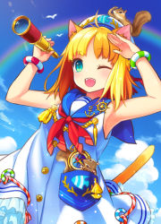 Rule 34 | 1girl, :d, ahoge, animal, animal ear fluff, animal ears, arm up, armpits, bird, blonde hair, blue eyes, blue sky, cat ears, cat girl, cat tail, cloud, cloudy sky, compass, cowboy shot, day, dress, frilled dress, frills, hand up, hisana, holding, medium hair, one eye closed, open mouth, original, outdoors, rainbow, sailor collar, sailor dress, sky, sleeveless, smile, solo, spyglass, squirrel, standing, tail, tail raised, teeth, upper teeth only, white dress, wristband