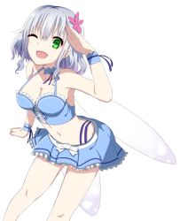 Rule 34 | 10s, 1girl, :d, amagi brilliant park, blue hair, breasts, bustier, choker, cleavage, frills, green eyes, large breasts, midriff, miniskirt, muse (amaburi), navel, one eye closed, open mouth, salute, shiime, short hair, simple background, skirt, smile, solo, white background, wings