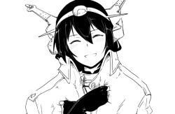 Rule 34 | 10s, 1girl, black hair, borrowed clothes, closed eyes, crossed arms, fingerless gloves, gloves, greyscale, hair between eyes, halcon, headgear, jacket, jacket on shoulders, kantai collection, long hair, monochrome, nagato (kancolle), simple background, smile, solo, white background