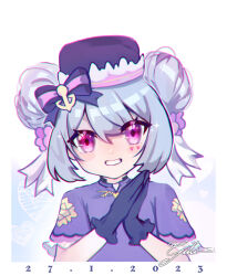 Rule 34 | 2023, anchor hair ornament, black gloves, black hat, blue hair, bow, bowtie, double bun, gihikioku, gloves, hai quy, hair bun, hair ornament, hand clapper, hat, highres, looking at viewer, open mouth, purple eyes, short hair, smile, vietnamese clothes, vietnamese dress, virtual youtuber, wanderer office, white background