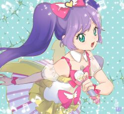Rule 34 | 1girl, blue background, blush, bow, collar, dotted background, dress, elbow gloves, eyelashes, gloves, green eyes, hair bow, holding, holding microphone, idol, kotone0220, long hair, manaka laala, microphone, musical note, open mouth, pink bow, pretty series, pripara, purple hair, solo, twintails, white collar, wristband