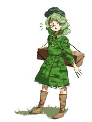 Rule 34 | 1girl, blush stickers, boots, brown footwear, camouflage, camouflage headwear, camouflage shirt, camouflage skirt, full body, green eyes, green hair, green hat, green shirt, green skirt, half-closed eye, hat, key, long sleeves, medium hair, nama udon, open mouth, shirt, simple background, skirt, solo, standing, touhou, unconnected marketeers, white background, yamashiro takane