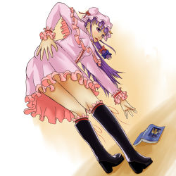Rule 34 | bare legs, bent over, black footwear, book, boots, dress, from behind, knee boots, legs, looking at viewer, looking back, pastell, patchouli knowledge, pink dress, purple hair, solo, touhou