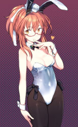 Rule 34 | 1girl, animal ears, bow, bowtie, breasts, cleavage, detached collar, fake animal ears, glasses, hair ribbon, hat, heart, large breasts, leotard, long hair, looking at viewer, luminous witches, pantyhose, playboy bunny, rabbit ears, red hair, ribbon, shimada fumikane, solo, strapless, strapless leotard, sylvie cariello, world witches series, wrist cuffs, yellow eyes
