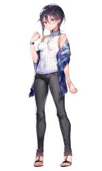 Rule 34 | 1girl, black hair, blue eyes, blue scarf, cross, cross necklace, dsmile, expressionless, full body, hayahoshi akuru, highres, jewelry, necklace, official art, oshi no love yori koi no love, pants, photoshop (medium), plaid, plaid scarf, ribbed shirt, sandals, scarf, shirt, short hair, sleeveless, sleeveless shirt, solo, standing, tachi-e, tight clothes, tight pants, toes, transparent background, turtleneck, watch, white shirt, wristwatch