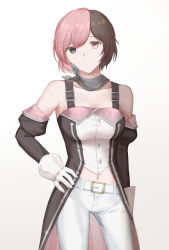 Rule 34 | 1girl, alternate hair length, alternate hairstyle, breasts, brown eyes, brown hair, brown sleeves, closed mouth, collarbone, contrapposto, cowboy shot, detached sleeves, gloves, hand on own hip, heterochromia, highres, long sleeves, looking at viewer, medium breasts, midriff, multicolored hair, navel, neo politan, pants, pink eyes, pink hair, rwby, short hair, simple background, solo, split-color hair, standing, stomach, tl (xdd), two-tone hair, white background, white gloves, white pants