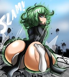 Rule 34 | 1boy, 1girl, absurdres, ass, ass focus, ass grab, aura, bare legs, black dress, butt crack, city, curly hair, curvy, doeswhatever, dress, face in ass, from behind, green eyes, green hair, hetero, highres, huge ass, looking at another, looking at viewer, looking back, lying, one-punch man, pussy, short hair, sitting, sitting on face, sitting on person, sky, tatsumaki, thighs, wide hips