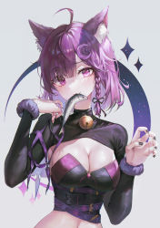 Rule 34 | 1girl, ahoge, animal, animal ear fluff, animal ears, bell, blush, braid, breasts, cat ears, cleavage, copyright request, crescent, crescent hair ornament, fish, food, grey background, hair ornament, hands up, highres, large breasts, long sleeves, looking at viewer, mouth hold, neck bell, short hair, solo, tokkyu