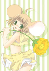 Rule 34 | 1girl, ahoge, animal ears, bow, brown hair, flower, green eyes, large bow, looking at viewer, midriff, mouse ears, original, short hair, skirt, smile, solo, striped, striped background