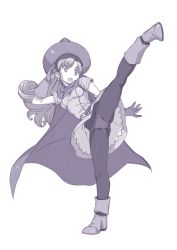 Rule 34 | 1girl, alena (dq4), bad id, bad pixiv id, boots, breasts, dragon quest, dragon quest iv, full body, gloves, hat, high kick, kicking, leg up, long hair, looking at viewer, monochrome, open mouth, panties, panties under pantyhose, pantyhose, purple theme, simple background, solo, sumaki shungo, underwear, white background