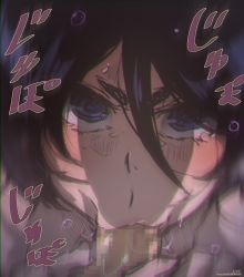 Rule 34 | 1girl, :&gt;=, absurdres, black hair, bleach, blue eyes, blush, censored, fellatio, hair between eyes, highres, kuchiki rukia, looking at viewer, maxi, mosaic censoring, nose, oral, out of frame, penis, pov, saliva, short hair, sound effects, tears, thick eyebrows, upper body, v-shaped eyebrows