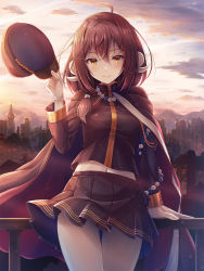 Rule 34 | 1girl, ahoge, akashio (loli ace), arm support, azur lane, black cape, black shirt, black skirt, blush, brown eyes, brown hair, building, cape, cityscape, closed mouth, cloud, commentary request, curled horns, fence, gloves, gluteal fold, hair between eyes, hat, unworn hat, unworn headwear, highres, holding, holding clothes, holding hat, horns, long hair, long sleeves, midriff peek, mikasa (azur lane), mikasa (style of the sakura capital) (azur lane), military, military hat, military uniform, navel, outdoors, peaked cap, pleated skirt, shirt, skirt, sky, smile, solo, sunlight, uniform, white gloves