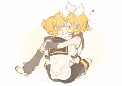 Rule 34 | 1boy, 1girl, arms around neck, back, bare shoulders, blonde hair, blue eyes, blush, bow, brother and sister, carrying, detached sleeves, closed eyes, hair bow, hair ornament, hairclip, headphones, headset, heart, hetero, highres, hug, incest, kagamine len, kagamine rin, kiss, leg warmers, m0ti, princess carry, sailor collar, shirt, short ponytail, shorts, siblings, sitting, sitting on person, sketch, sleeveless, sleeveless shirt, socks, twincest, twins, vocaloid