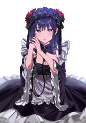 Rule 34 | :o, absurdres, blunt bangs, blush, breast padding, breasts, chain, chain leash, cleavage, cleavage cutout, clothing cutout, cosplay, fingernails, frilled sleeves, frills, gothic lolita, headdress, heart, heart-shaped pupils, highres, kitagawa marin, kuroe shizuku, kuroe shizuku (cosplay), large breasts, leash, lolita fashion, long fingernails, looking at viewer, nail polish, nonbire, purple eyes, purple hair, simple background, solo, sono bisque doll wa koi wo suru, symbol-shaped pupils, two-tone dress, white background, wide sleeves, wig