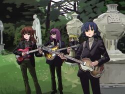 Rule 34 | 4girls, ahoge, alternate costume, black footwear, black jacket, black pants, blonde hair, blue hair, bocchi the rock!, closed mouth, commentary, detached ahoge, electric guitar, english commentary, expressionless, gotoh hitori, grass, green eyes, guitar, highres, holding, holding guitar, holding instrument, ijichi nijika, instrument, jacket, kita ikuyo, long hair, long sleeves, maring song, mole, mole under eye, multiple girls, one side up, outdoors, pants, parody, pink hair, red hair, shoes, short hair, side ponytail, standing, statue, the beatles, yamada ryo, yellow eyes