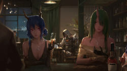 Rule 34 | 2girls, 3boys, a-m-one, adjusting clothes, adjusting gloves, arknights, bar (place), bare shoulders, between fingers, black dress, black gloves, blue hair, bottle, braid, breasts, ch&#039;en (arknights), chair, champagne flute, chinese commentary, cleavage, closed mouth, collarbone, commentary request, counter, cup, cupping glass, curtains, dress, drinking glass, earrings, elbow gloves, faceless, faceless male, gloves, unworn gloves, green hair, hair over one eye, hanging light, highres, holding, hood, hood up, horns, hoshiguma (arknights), indoors, jewelry, lips, long hair, looking at another, multiple boys, multiple girls, off-shoulder dress, off shoulder, oni, pendant, pink eyes, sidelocks, single horn, sitting, sleeveless, sleeveless dress, table, window, wine bottle, wine glass, yellow dress, yellow eyes