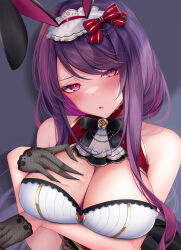 Rule 34 | 1girl, absurdres, animal ears, arm under breasts, bare shoulders, black gloves, blush, breasts, fake animal ears, gloves, gundou mirei, gundou mirei (8th costume), hair ornament, half gloves, hand on own chest, head tilt, highres, large breasts, leotard, long hair, looking at viewer, nijisanji, parted lips, playboy bunny, purple eyes, purple hair, rabbit ears, rai (newtype xm-x1), sidelocks, simple background, solo, virtual youtuber