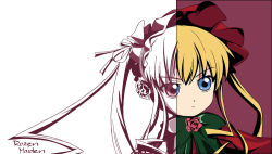 Rule 34 | 00s, 1girl, blonde hair, blue eyes, bonnet, bow, bowtie, close-up, copyright name, dress, eyebrows, flower, ixy, long hair, red background, red dress, rose, rozen maiden, serious, shinku, sidelocks, simple background, solo, unfinished, white background