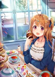 Rule 34 | 1girl, :d, absurdres, ahoge, airmisuzu, blue jacket, blue ribbon, blurry, blush, breasts, brown hair, cake, cat hair ornament, chair, collarbone, commentary request, cup, cupcake, day, depth of field, dress, fang, food, frilled dress, frills, fruit, gelatin, hair ornament, hair ribbon, hairclip, hand up, highres, holding, holding food, indoors, jacket, jewelry, long hair, long sleeves, looking at viewer, macaron, md5 mismatch, medium breasts, milkshake, nail polish, necklace, one side up, open clothes, open jacket, open mouth, original, pie, pie slice, plant, plate, pom pom (clothes), purple eyes, red nails, resolution mismatch, ribbon, road, sidelocks, sidewalk, sitting, smile, solo, source smaller, spoon, star (symbol), star hair ornament, strawberry, table, tareme, tea, teacup, teapot, tiered tray, tree, whipped cream, white dress, window