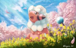 Rule 34 | :d, black eyes, cloud, commentary request, creatures (company), day, flaaffy, flower, game freak, gen 2 pokemon, grass, highres, legna (legna 161cm), looking up, nintendo, no humans, open mouth, outdoors, petals, pokemon, pokemon (creature), sitting, sky, smile, solo, tongue, tree, yellow flower