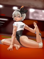 Rule 34 | 1girl, absurdres, ass, bea (pokemon), black leotard, blue eyes, commentary, creatures (company), crop top, dark-skinned female, dark skin, english commentary, feet, flexible, full body, game freak, gloves, grey hair, gym leader, hair between eyes, hairband, highres, kairunoburogu, knee pads, leotard, lips, looking at viewer, nintendo, nose, parted lips, plantar flexion, pokemon, pokemon swsh, short hair, single glove, sitting, soles, solo, stage lights, stretching, thighs, toes