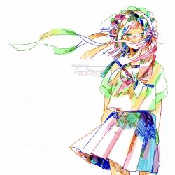 Rule 34 | 1girl, arms at sides, artist name, blush, bow, colorful, commentary request, covered mouth, cowboy shot, floating clothes, hairband, highres, lolita hairband, looking at viewer, medium hair, neckerchief, original, pen (medium), pleated skirt, ribbon, sailor collar, sailor shirt, school uniform, serafuku, shirt, short sleeves, signature, simple background, skirt, solo, standing, straight-on, traditional media, watanabe tomari, watermark, white background, wind