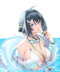 Rule 34 | 1girl, :p, arknights, bare shoulders, bikini, black hair, blush, breasts, goggles, goggles around neck, grey eyes, hair between eyes, hand up, highres, holding, holding whistle, innertube, la pluma (arknights), la pluma (summer flowers) (arknights), lanyard, large breasts, long sleeves, looking at viewer, off shoulder, partially submerged, short hair, simple background, smile, solo, swim ring, swimsuit, tongue, tongue out, upper body, water, whistle, white background, white bikini, zayur