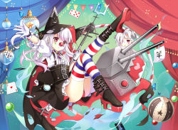 Rule 34 | 2girls, :&lt;, ace (playing card), ace of hearts, animal hood, april fools, azur lane, bad id, bad pixiv id, ball, black cape, black footwear, black skirt, blush, bolt, boots, breasts, cannon, cape, card, center frills, closed mouth, clown nose, club (shape), commentary request, curtains, erebus (azur lane), facial mark, frills, gloves, gyaza, hair over one eye, heart, heart in mouth, high-waist skirt, holding, hood, hood up, hooded cape, leg up, long hair, multiple girls, outstretched arm, panties, parted lips, pennant, playing card, puffy short sleeves, puffy sleeves, red eyes, red panties, shirt, short sleeves, skirt, small breasts, star (symbol), string of flags, striped clothes, striped legwear, striped thighhighs, terror (azur lane), thighhighs, torn cape, torn clothes, translation request, triangle mouth, turret, underwear, white gloves, white hair, white shirt