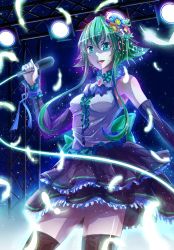 Rule 34 | 1girl, bad id, bad pixiv id, brooch, detached sleeves, feathers, flower, gumi, hair flower, hair ornament, highres, jewelry, microphone, puuzaki puuna, short hair with long locks, solo, stage lights, vocaloid