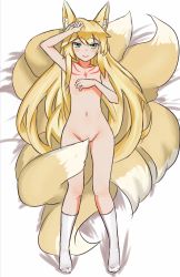 Rule 34 | 1girl, animal ear fluff, animal ears, bad id, bad pixiv id, blonde hair, blush, boy (pixiv17542438), covering privates, covering breasts, covering crotch, flat chest, fox ears, fox tail, green eyes, highres, kitsune, kneehighs, large tail, long hair, mon-musu quest!, multiple tails, nude, socks, tail, tamamo (mon-musu quest!), tattoo, very long hair
