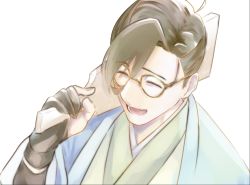 Rule 34 | 1boy, ^ ^, brown hair, closed eyes, fate/grand order, fate (series), glasses, gloves, haori, happy, highres, holding, japanese clothes, male focus, paddle, upper body, yamanami keisuke (fate)