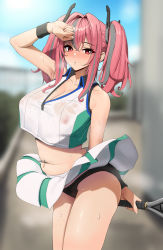 Rule 34 | 1girl, azur lane, bare shoulders, beach, belly, black panties, blue sky, blush, breasts, bremerton (azur lane), bremerton (scorching-hot training) (azur lane), chela77, clothes lift, crop top, crop top overhang, day, hair intakes, highres, large breasts, long hair, looking at viewer, mole, mole under eye, no bra, official alternate costume, outdoors, panties, pink eyes, pink hair, plump, racket, see-through, shore, sidelocks, skirt, skirt lift, sky, solo, sportswear, sweat, tennis racket, tennis uniform, twintails, two-tone shirt, two-tone skirt, underwear, v-neck, wristband