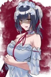 Rule 34 | 1girl, absurdres, bare shoulders, black hair, blood, breasts, brown eyes, collarbone, dress, fang, flower, hair between eyes, hair flower, hair ornament, highres, interlocked fingers, looking at viewer, medium breasts, neck ribbon, nijisanji, open mouth, red ribbon, ribbon, shaded face, solo, strapless, strapless dress, twintails, upper body, virtual youtuber, white dress, white flower, yamagami karuta, yuki maccha (yukimattya10)