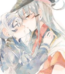 Rule 34 | 2girls, ainu clothes, bad id, bad twitter id, belt, black gloves, blue hair, blush, comic, dress, facial scar, gangut (kancolle), gloves, grey hair, hair between eyes, hair ornament, hairclip, hat, headband, itomugi-kun, jacket, jacket on shoulders, kamoi (kancolle), kantai collection, long hair, looking at another, military, military hat, military uniform, multicolored hair, multiple girls, naval uniform, peaked cap, ponytail, reading, red eyes, red shirt, remodel (kantai collection), scar, scar on cheek, scar on face, shirt, simple background, uniform, white hair, yuri