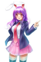 Rule 34 | 1girl, animal ears, bad id, bad twitter id, black thighhighs, blazer, blouse, blush, breasts, cowboy shot, hand on own hip, highres, index finger raised, jacket, large breasts, long hair, looking at viewer, necktie, open clothes, open jacket, open mouth, pleated skirt, purple hair, rabbit ears, red eyes, red necktie, reisen udongein inaba, shirt, skirt, solo, thighhighs, touhou, tsukiriran, tsurime, upper body, white background, white shirt, zettai ryouiki