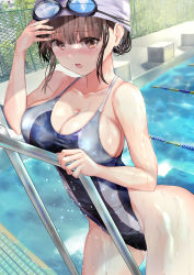 Rule 34 | 1girl, :o, absurdres, black one-piece swimsuit, blush, breasts, brown eyes, brown hair, cleavage, commentary request, competition swimsuit, goggles, goggles on head, highres, large breasts, looking at viewer, mole, mole under eye, ogata tei, one-piece swimsuit, open mouth, original, outdoors, pool, sideboob, solo, swim cap, swimsuit, thighs, wet