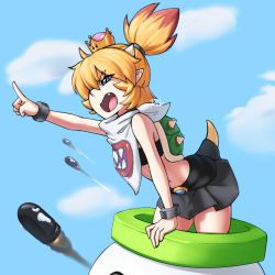 Rule 34 | 1girl, absurdres, bandeau, bare arms, bare shoulders, bent over, black collar, black skirt, blonde hair, blue eyes, bowsette jr., bracelet, brown hair, cloud, collar, commentary, crown, fang, high ponytail, highres, horns, index finger raised, jewelry, mario (series), miniskirt, navel, nintendo, open mouth, pointing, pointing up, pointy ears, ponytail, rob ishi, rocket, sharp teeth, skirt, solo, spiked bracelet, spiked collar, spiked shell, spiked tail, spikes, super crown, tail, teeth, turtle shell