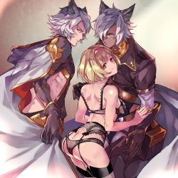 Rule 34 | 1girl, 2boys, animal ears, arched back, ass, black panties, blonde hair, bra, brown gloves, butt crack, cape, commission, commissioner upload, dark-skinned male, dark skin, djeeta (granblue fantasy), erune, eustace (granblue fantasy), garter belt, gloves, granblue fantasy, hair between eyes, headband, highres, hood, lace, lace bra, lace panties, lingerie, multiple boys, panties, panties over garter belt, see-through, see-through panties, seox (granblue fantasy), short hair, silver hair, sio 1234, thighhighs, underwear, underwear only