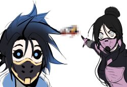 Rule 34 | 3girls, animification, apex legends, apex voidshifter wraith, black bodysuit, black hair, black sclera, blood, blue hair, bodysuit, cable, censored, colored sclera, commentary, corpse, dual persona, english commentary, family guy death pose (meme), gloves, gradient hair, grey sclera, hair between eyes, hair bun, highres, looking at viewer, meme, mosaic censoring, multicolored hair, multiple girls, nsfwolf, official alternate costume, pink gloves, short hair, single hair bun, sketch, two soyjaks pointing (meme), void specialist wraith, wattson (apex legends), wide-eyed, wraith (apex legends)