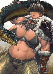 abs belt biceps black_belt breasts chinese_zodiac commentary dark-skinned_female dark_skin fingerless_gloves gloves highres jewelry large_breasts mikel_(4hands) muscular muscular_female necklace one_eye_covered original scales short_hair single_shoulder_pad thick_thighs thighs year_of_the_snake