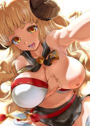 Rule 34 | 1girl, absurdres, anila (granblue fantasy), armpits, black skirt, blonde hair, breasts, draph, granblue fantasy, highres, horns, large breasts, long hair, nipples, open mouth, selfie, sheep horns, simple background, skirt, solo, sugoihi, sweat, teeth, thick eyebrows, thighhighs, white background, white thighhighs, yellow eyes
