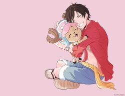 Rule 34 | 2boys, ^ ^, affectionate, antlers, black hair, blue shorts, closed eyes, commentary, english commentary, frilled sleeves, frills, hat, horns, hug, male focus, monkey d. luffy, multiple boys, one piece, pink background, red shirt, reindeer antlers, rin (rinriemie), sandals, sash, scar, scar on chest, scar on face, shirt, shorts, simple background, smile, tony tony chopper, yellow sash