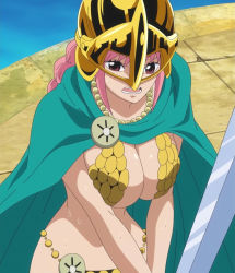 Rule 34 | 1girl, armor, bikini armor, breasts, cape, cleavage, dressrosa, female focus, gladiator, helmet, highres, large breasts, long hair, one piece, pink hair, rebecca (one piece), screencap, solo, standing, stitched, sweat, sword, third-party edit, weapon