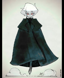 Rule 34 | ambiguous gender, artist name, bad id, bad pixiv id, black cloak, black dainn, bokura no taiyou, cloak, commentary request, copyright request, dated, floating, grey background, hair between eyes, jnt, looking at viewer, no nose, red eyes, short hair, signature, smile, solo, white hair