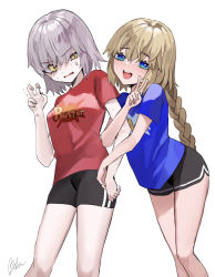 Rule 34 | 2girls, alternate costume, anger vein, arts shirt, bebe (bebe pp), black shorts, blonde hair, blue shirt, blush, braid, breasts, buster shirt, commentary request, fate/grand order, fate (series), highres, jeanne d&#039;arc (fate), jeanne d&#039;arc (ruler) (fate), jeanne d&#039;arc alter (avenger) (fate), jeanne d&#039;arc alter (fate), large breasts, long hair, looking at viewer, medium breasts, multiple girls, open mouth, red shirt, shirt, short hair, short sleeves, shorts, silver hair, simple background, smile, white background, yellow eyes