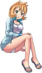 Rule 34 | 1girl, :o, absurdres, bare legs, beach, blush, breasts, cleavage, collarbone, competition swimsuit, creatures (company), eyelashes, feet, full body, game freak, gen 2 pokemon, green eyes, hand on own knee, highres, jacket, jacket over swimsuit, large breasts, legs, long sleeves, looking at viewer, maho (corotonton5150), medium breasts, misty (pokemon), nintendo, one-piece swimsuit, open clothes, open jacket, open mouth, orange hair, pokemon, pokemon hgss, sandals, shoes, short hair, simple background, sitting, smile, solo, sweat, sweatdrop, swimsuit, thick thighs, thighs, toes, underwear, wet, white background, white one-piece swimsuit