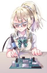 Rule 34 | 1girl, artist name, artist request, ayase eli, blonde hair, blush, bow, bowtie, breasts, collared shirt, closed eyes, female focus, glasses, green bow, hair between eyes, hair ornament, hair scrunchie, high ponytail, highres, holding, long hair, long sleeves, looking at viewer, love live!, love live! school idol project, otonokizaka school uniform, parted lips, ponytail, school uniform, scrunchie, shirt, short hair, short sleeves, small breasts, smile, solo, striped, striped bow, sweater vest, table, upper body, vest, white background, white scrunchie, white shirt, yellow vest